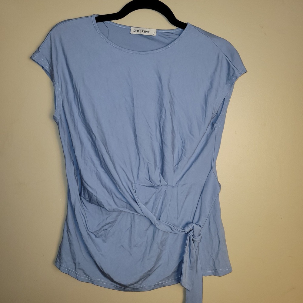 Grace Karin Womens Large Blue Tie Front Top Cap Sleeve Stretch Blouse Casual...‎